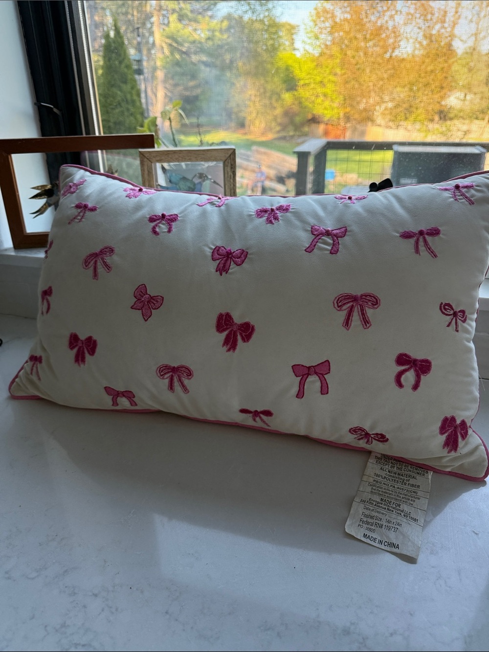 Embroidered Pink Bow Accent Pillow - Cream Background